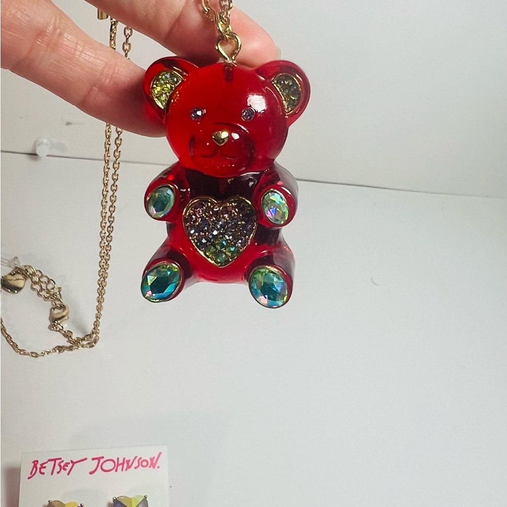 Betsey Johnson Gummy bear red Necklace Rhinestones gold necklace. NWT - Picture 2 of 5
